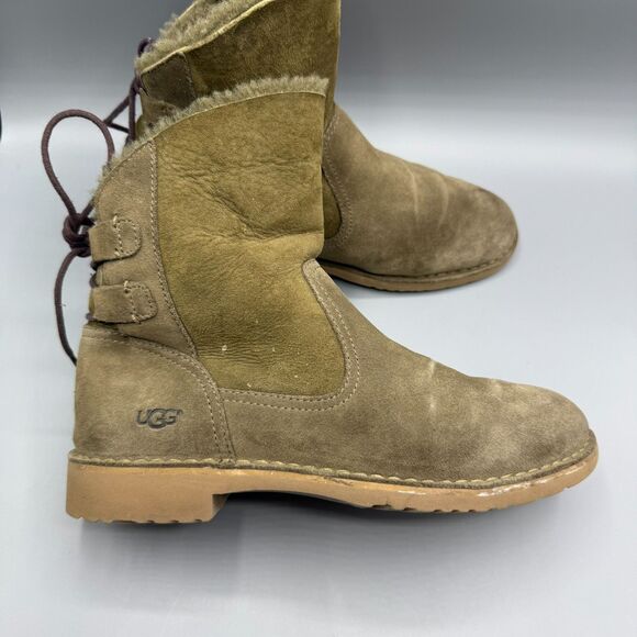 Ugg Naiyah Green Suede Lace-Up Shearling Lined Booties Boots Size 10 - Picture 1 of 12